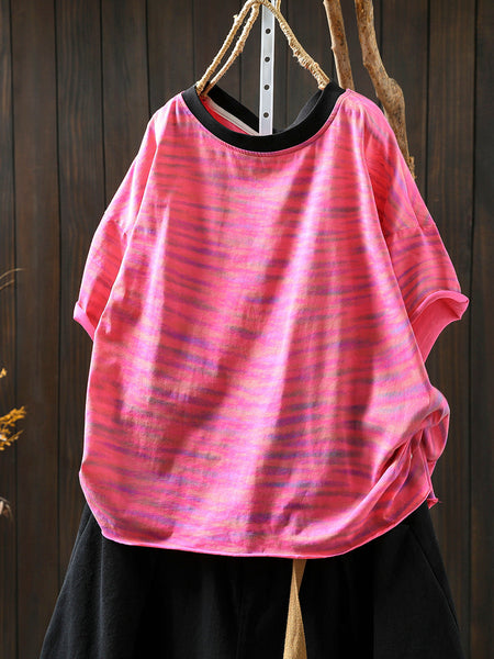 Women Stripe Colorblock Summer Shirt O-Neck Casual FashionChic