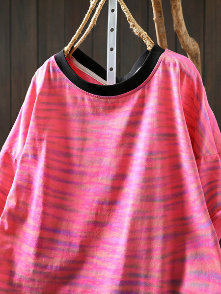 Women Stripe Colorblock Summer Shirt O-Neck Casual FashionChic