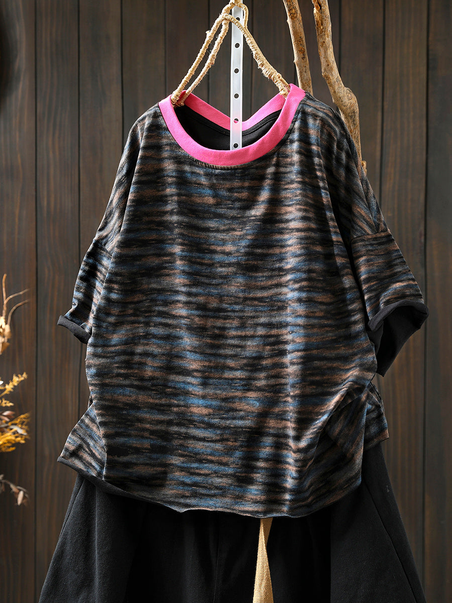 Women Stripe Colorblock Summer Shirt O-Neck Casual FashionChic