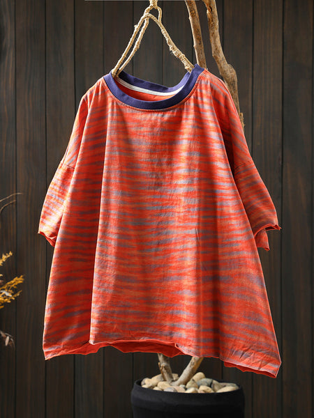 Women Stripe Colorblock Summer Shirt O-Neck Casual FashionChic