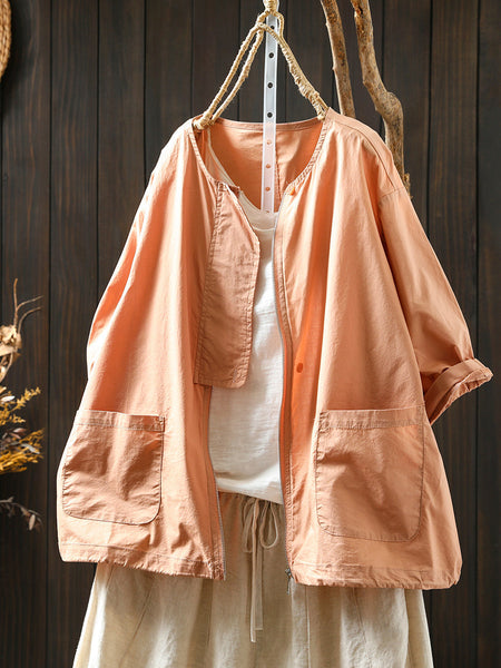 Coat O-Neck Women Color Shirt Zipper Summer Pure FashionChic