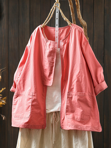 Coat O-Neck Women Color Shirt Zipper Summer Pure FashionChic