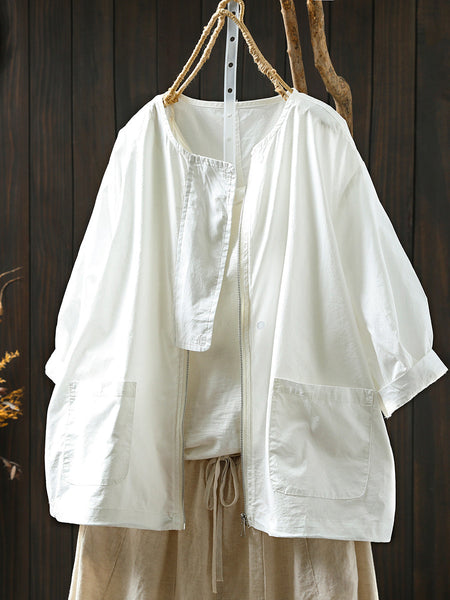 Coat O-Neck Women Color Shirt Zipper Summer Pure FashionChic