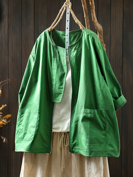 Coat O-Neck Women Color Shirt Zipper Summer Pure FashionChic