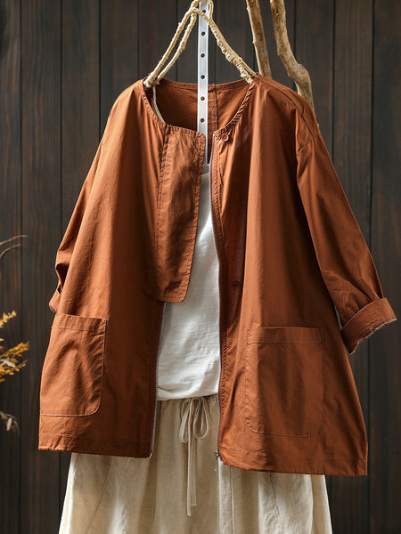 Coat O-Neck Women Color Shirt Zipper Summer Pure FashionChic