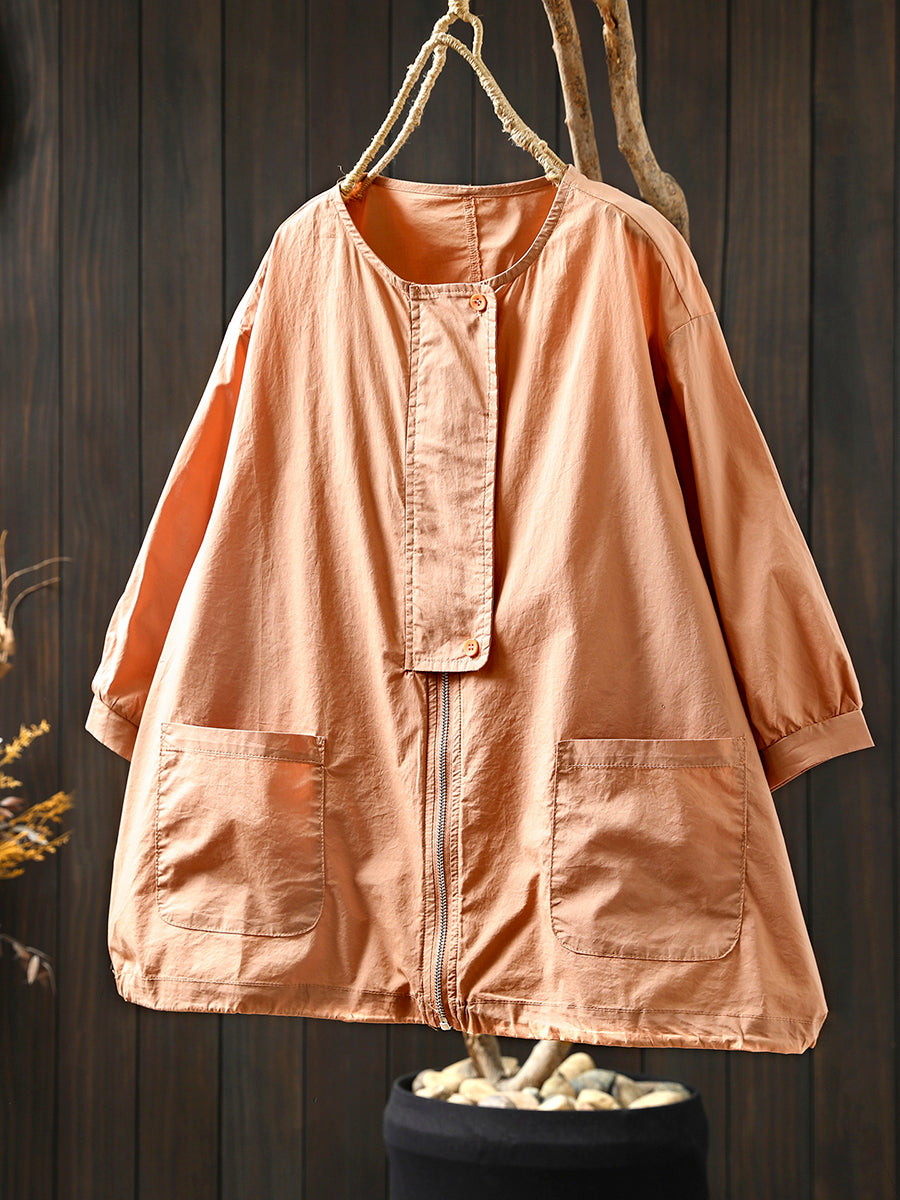 Coat O-Neck Women Color Shirt Zipper Summer Pure FashionChic