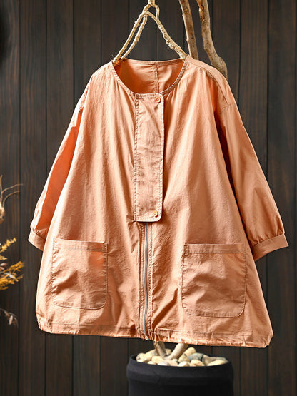 Coat O-Neck Women Color Shirt Zipper Summer Pure FashionChic
