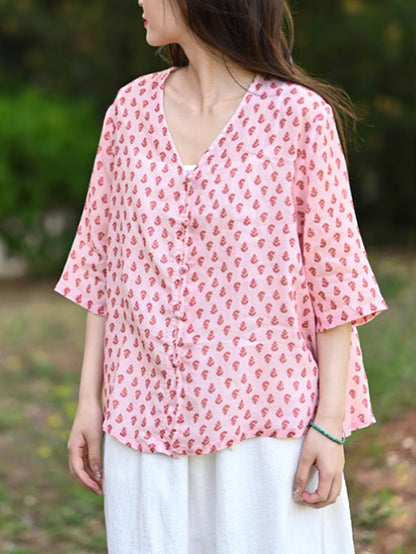 Floral Summer 100%Ramie Shirt Vintage V-Neck Women FashionChic
