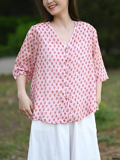 Floral Summer 100%Ramie Shirt Vintage V-Neck Women FashionChic