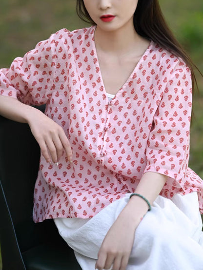 Floral Summer 100%Ramie Shirt Vintage V-Neck Women FashionChic
