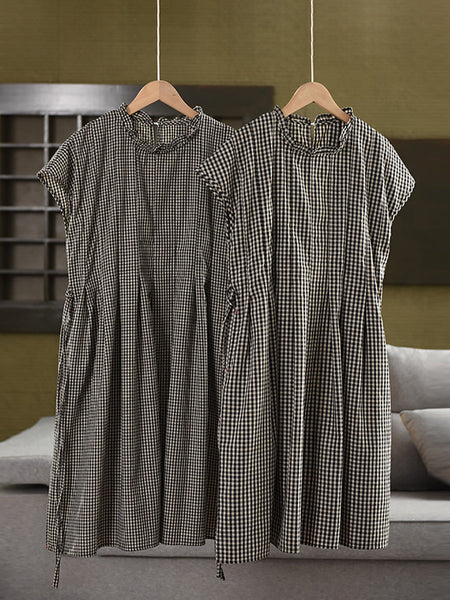 Women 100%Cotton Vintage Collar Plaid Dress Stand Summer FashionChic