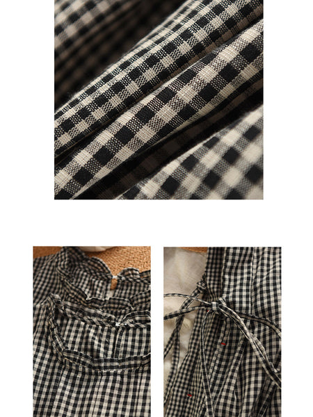 Women 100%Cotton Vintage Collar Plaid Dress Stand Summer FashionChic