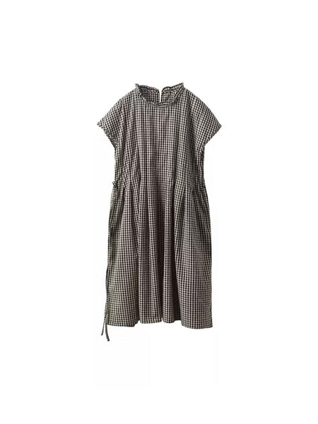 Women 100%Cotton Vintage Collar Plaid Dress Stand Summer FashionChic