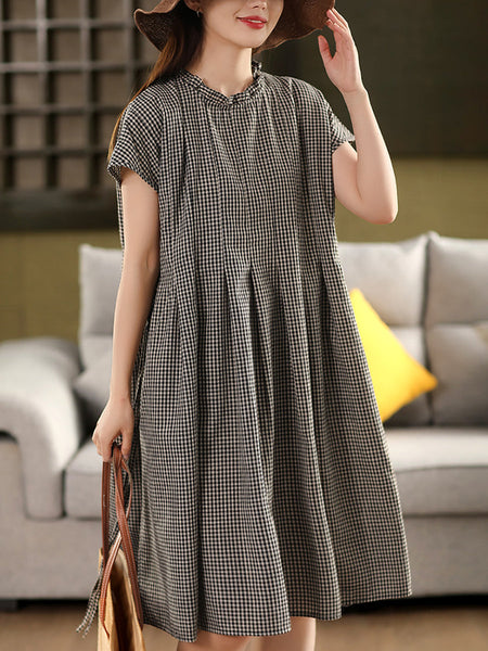 Women 100%Cotton Vintage Collar Plaid Dress Stand Summer FashionChic