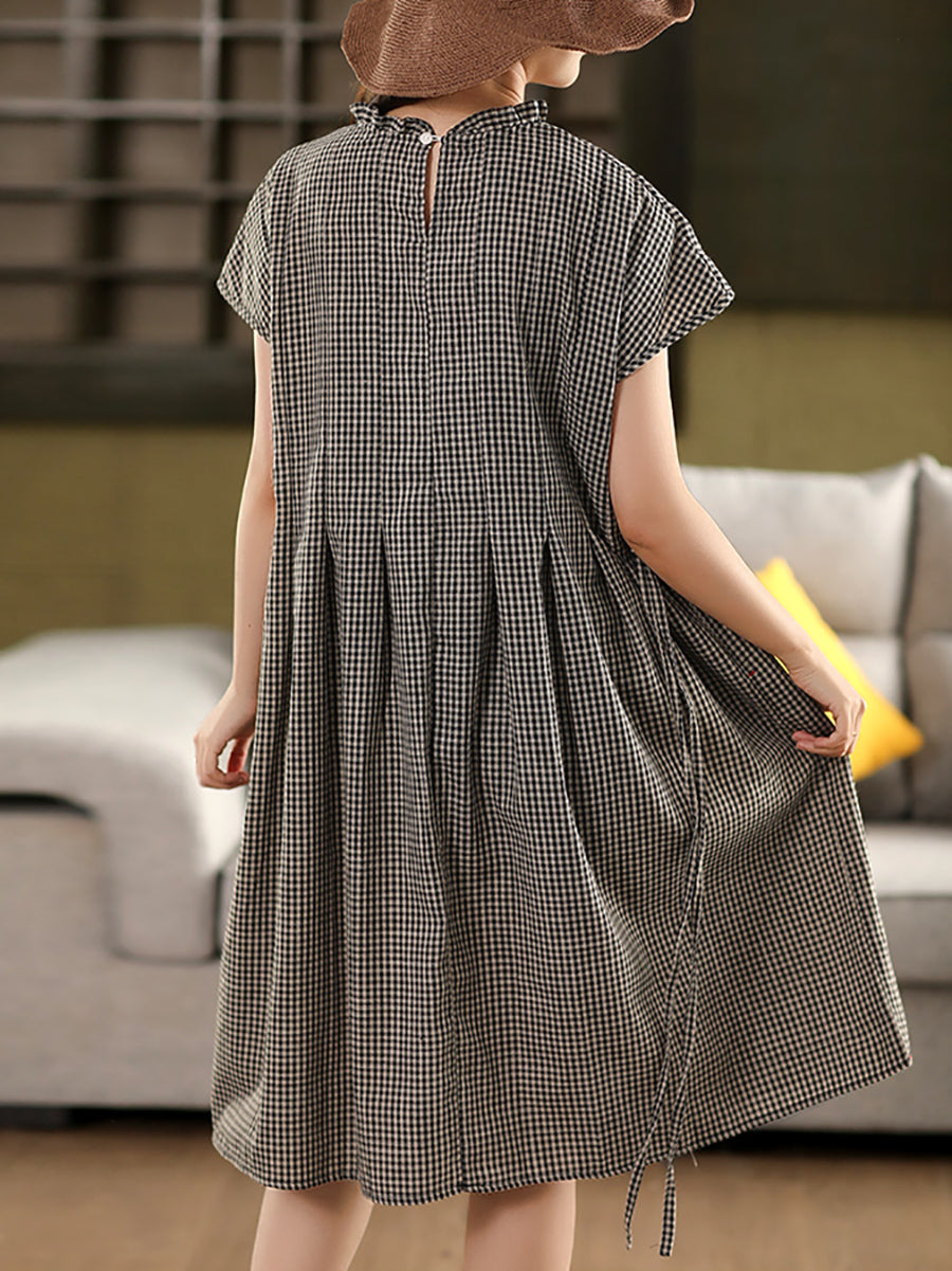 Women 100%Cotton Vintage Collar Plaid Dress Stand Summer FashionChic