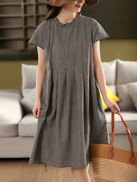 Women 100%Cotton Vintage Collar Plaid Dress Stand Summer FashionChic