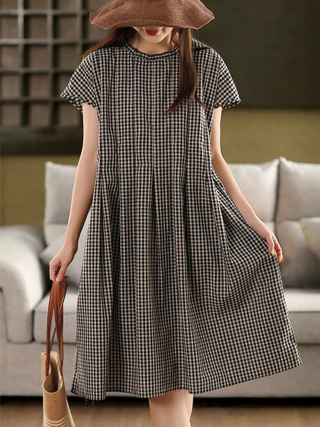 Women 100%Cotton Vintage Collar Plaid Dress Stand Summer FashionChic