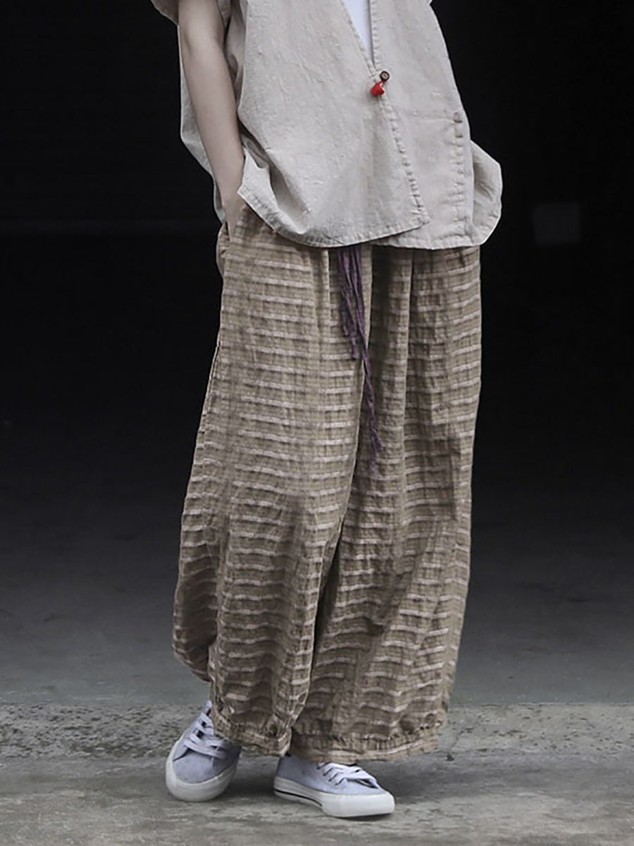 Summer Women Stripe Pants Wide-leg Retro Ramie FashionChic