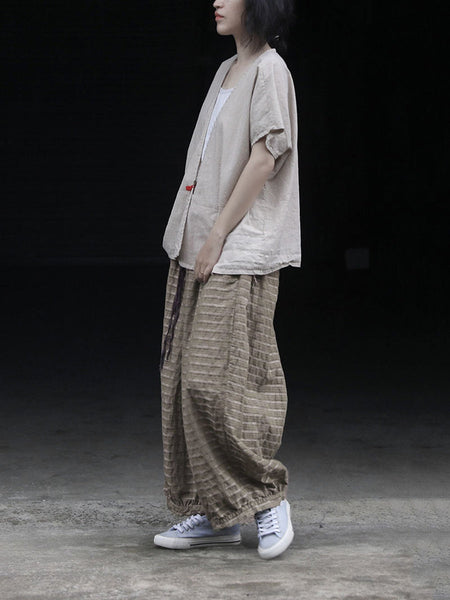 Summer Women Stripe Pants Wide-leg Retro Ramie FashionChic