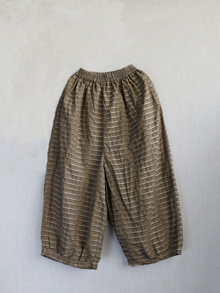 Summer Women Stripe Pants Wide-leg Retro Ramie FashionChic