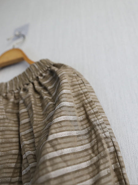 Summer Women Stripe Pants Wide-leg Retro Ramie FashionChic