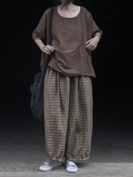 Summer Women Stripe Pants Wide-leg Retro Ramie FashionChic