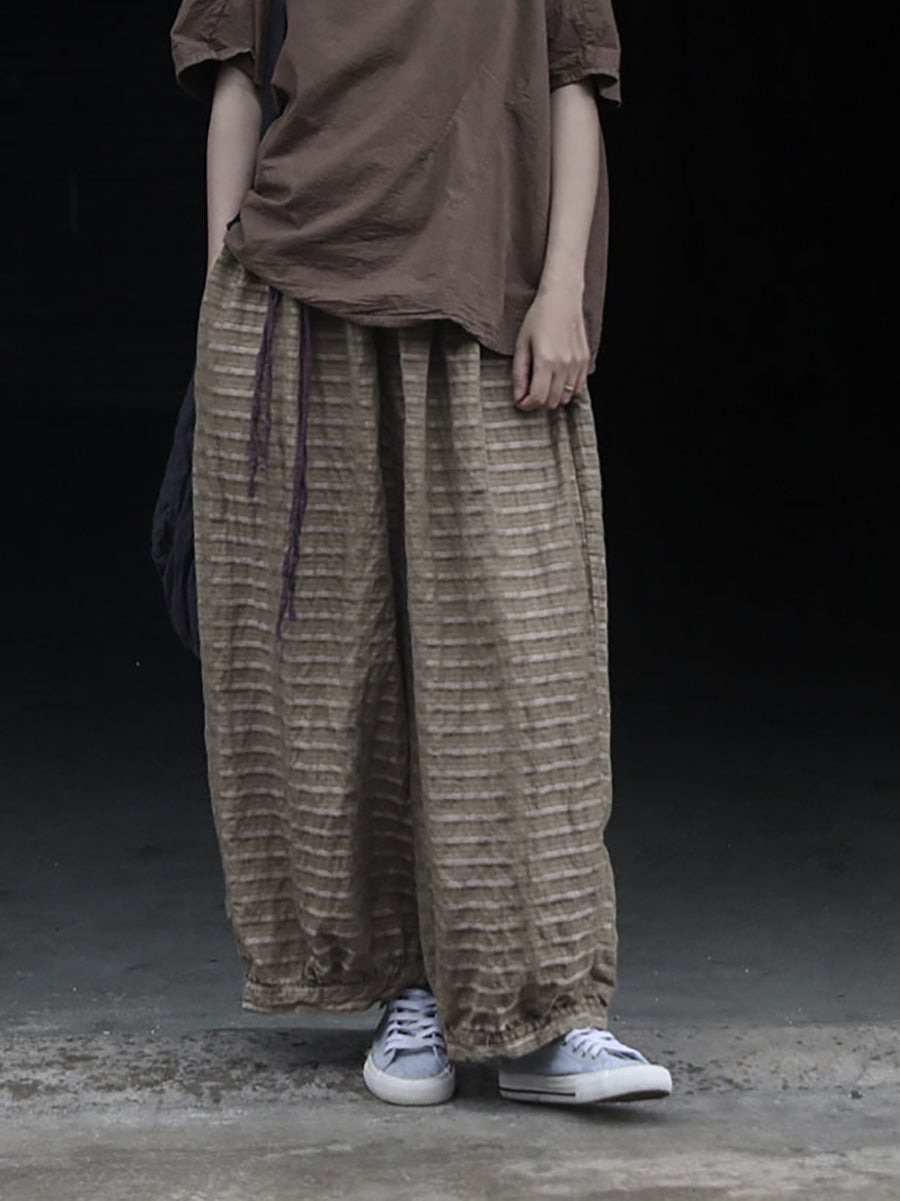Summer Women Stripe Pants Wide-leg Retro Ramie FashionChic