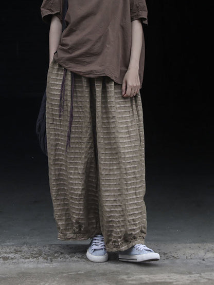 Summer Women Stripe Pants Wide-leg Retro Ramie FashionChic