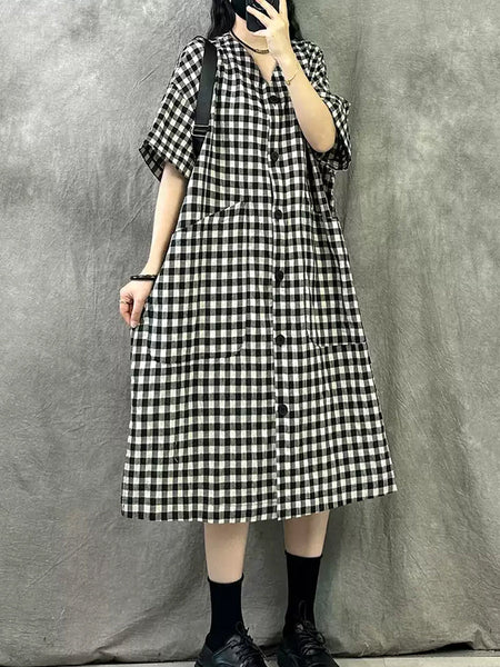 Summer V-Neck Dress Women Plaid Vintage FashionChic