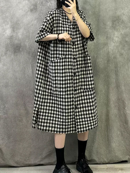 Summer V-Neck Dress Women Plaid Vintage FashionChic