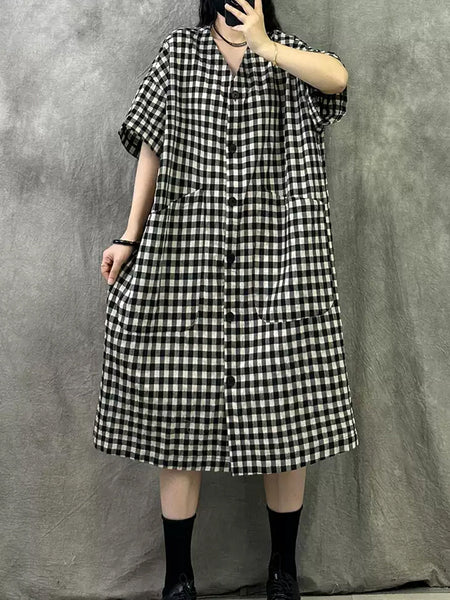 Summer V-Neck Dress Women Plaid Vintage FashionChic