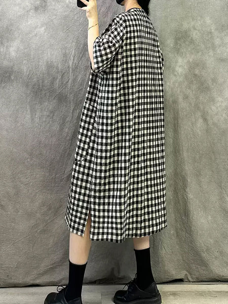 Summer V-Neck Dress Women Plaid Vintage FashionChic