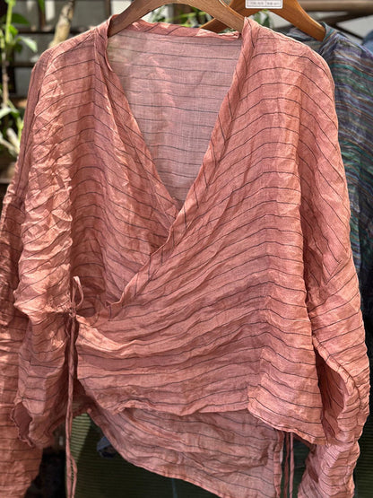 Vintage Shirt Stripe Floral Summer V-Neck Women Ramie FashionChic