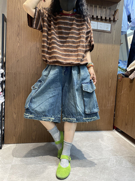 Women Cotton Stripe Retro O-Neck Summer Shirt FashionChic