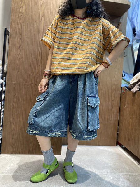 Women Cotton Stripe Retro O-Neck Summer Shirt FashionChic