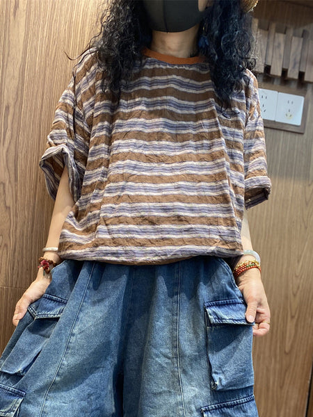 Women Cotton Stripe Retro O-Neck Summer Shirt FashionChic