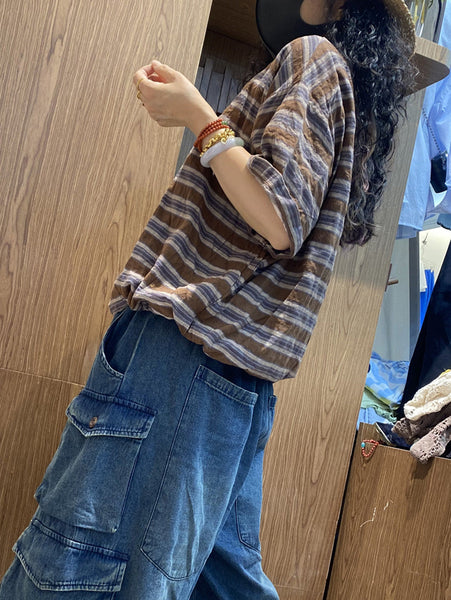 Women Cotton Stripe Retro O-Neck Summer Shirt FashionChic