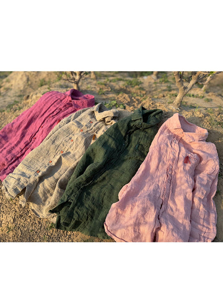 Summer Women Pure Turn-down Linen Color Retro Collar Shirt FashionChic