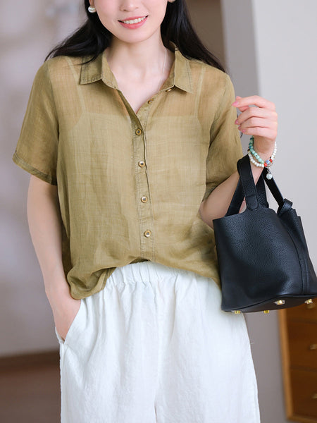 Collar Turn-down Summer Women Shirt Color Pure 100%Ramie FashionChic