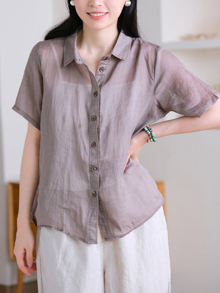 Collar Turn-down Summer Women Shirt Color Pure 100%Ramie FashionChic