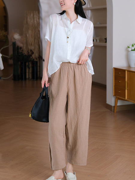 Collar Turn-down Summer Women Shirt Color Pure 100%Ramie FashionChic