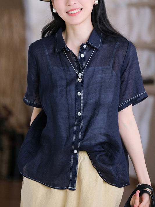 Collar Turn-down Summer Women Shirt Color Pure 100%Ramie FashionChic