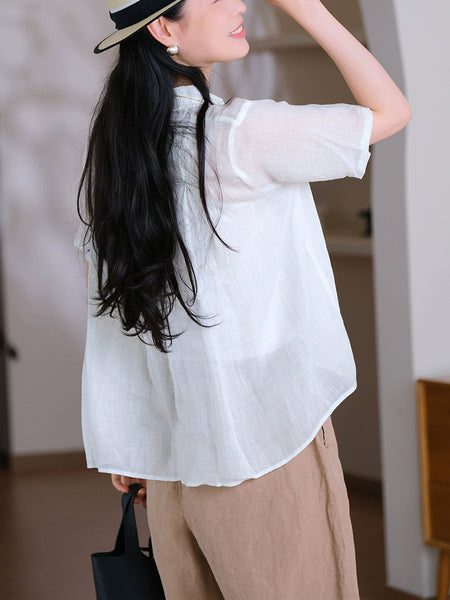 Collar Turn-down Summer Women Shirt Color Pure 100%Ramie FashionChic