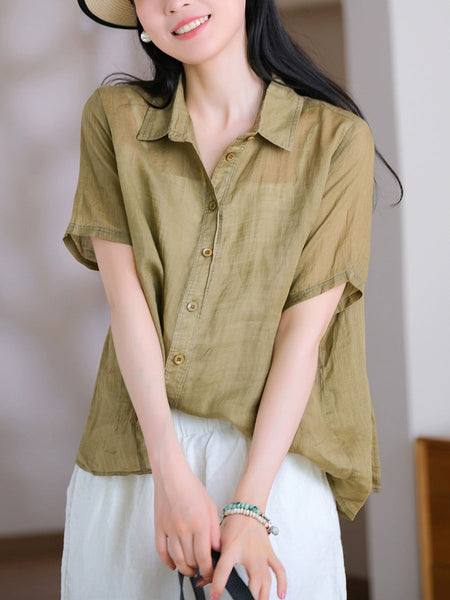 Collar Turn-down Summer Women Shirt Color Pure 100%Ramie FashionChic