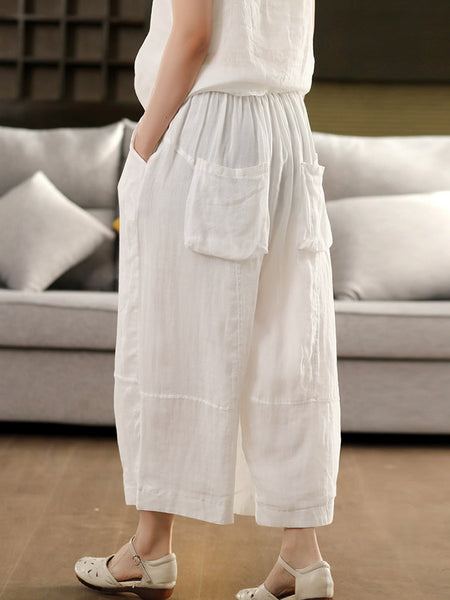 Loose Women Color 100%Ramie Artsy Pure Bloomers Summer FashionChic