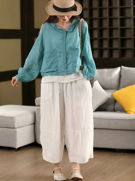 Loose Women Color 100%Ramie Artsy Pure Bloomers Summer FashionChic