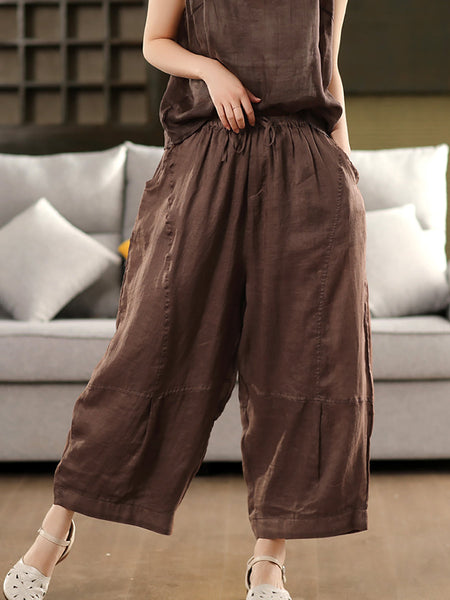 Loose Women Color 100%Ramie Artsy Pure Bloomers Summer FashionChic