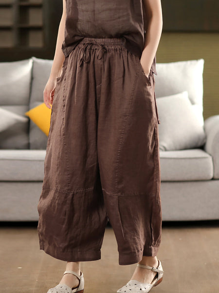 Loose Women Color 100%Ramie Artsy Pure Bloomers Summer FashionChic