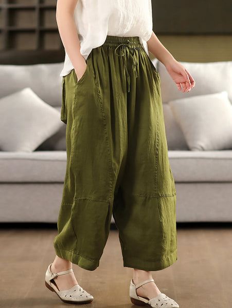 Loose Women Color 100%Ramie Artsy Pure Bloomers Summer FashionChic