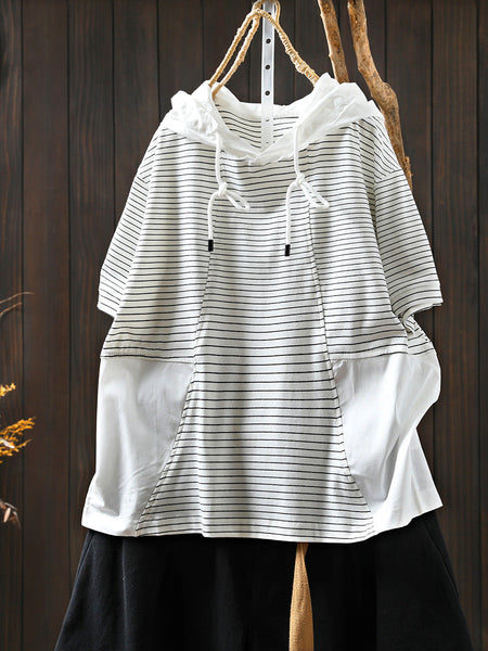 Spliced Cotton Shirt Summer Hooded Stripe Casual Women FashionChic